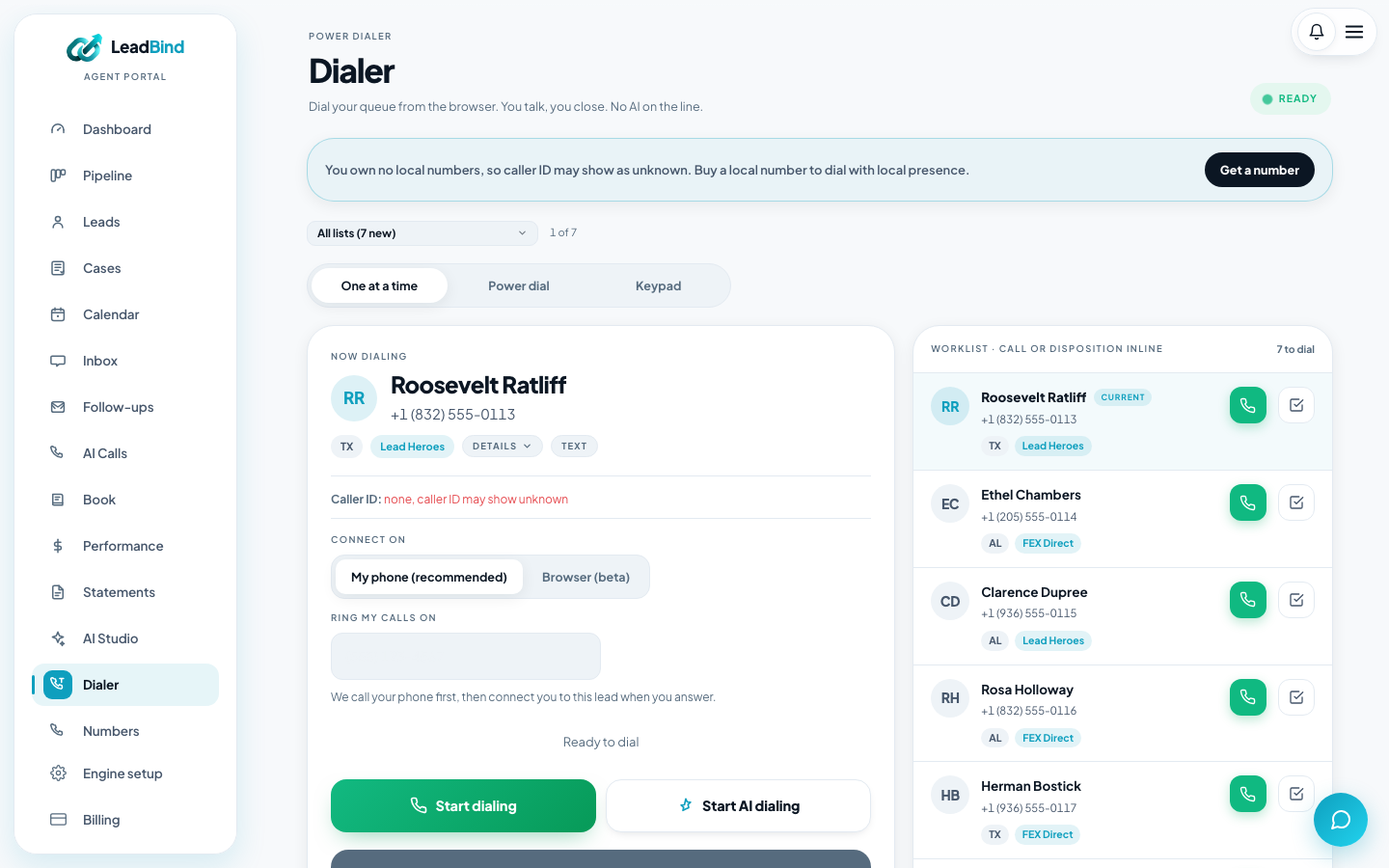 Real LeadBind power dialer with the day's ranked call queue