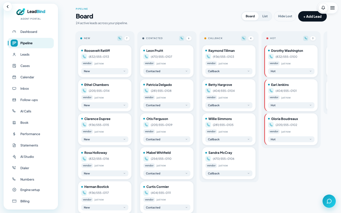 Real LeadBind pipeline board with leads across stages